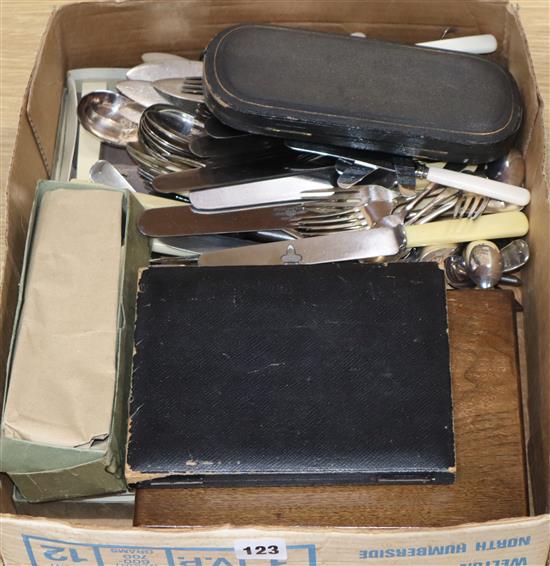 A large quantity of assorted plated flatware including sets, fish servers, carving set, cased fish eaters etc.